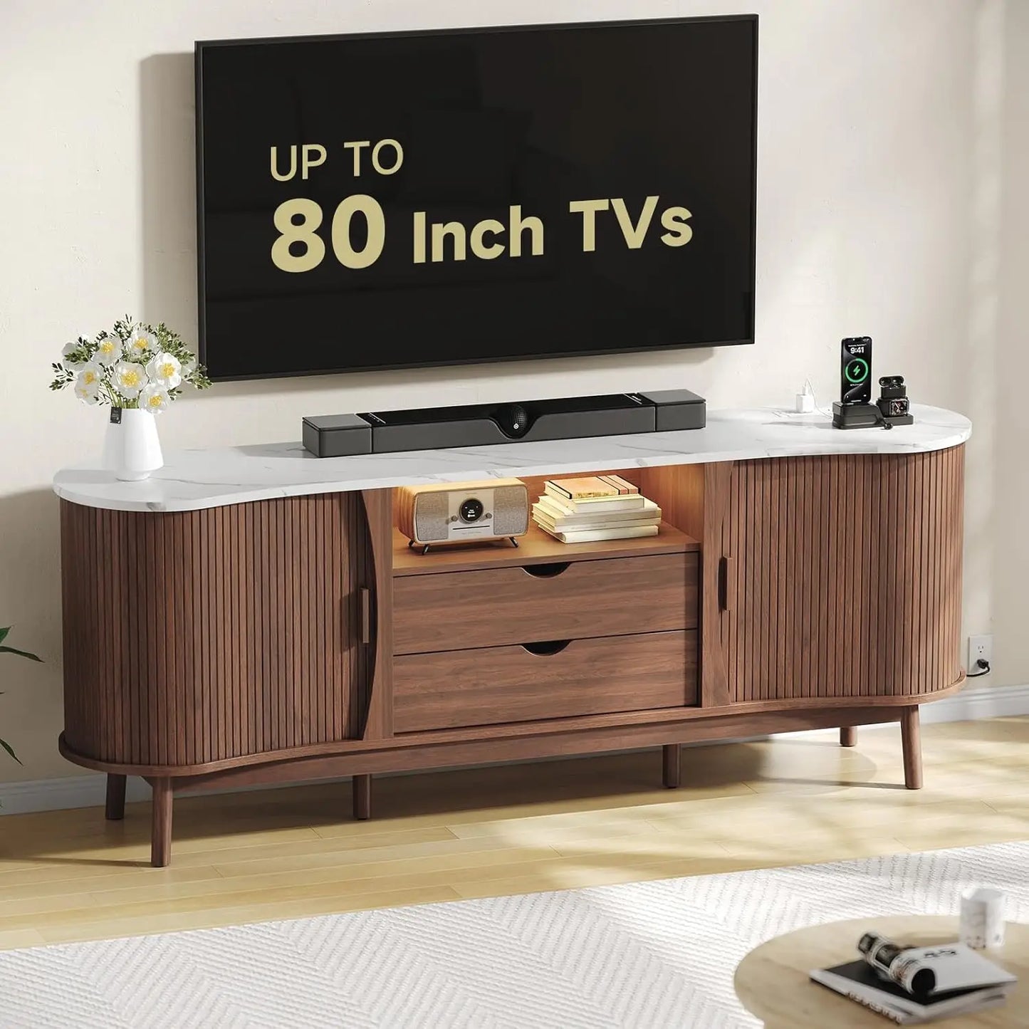 Onbrill 70 Inch Fluted Tv Stand Entertainment Center