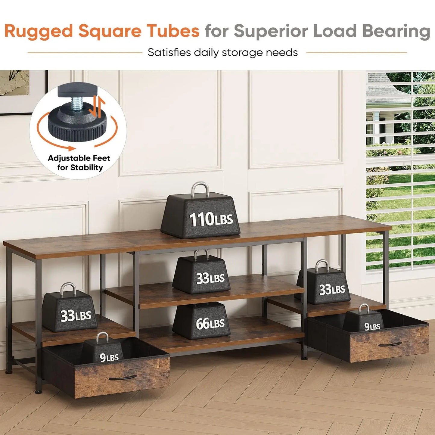 JHK Wooden TV Stand With Adjustable Shelves And Storage