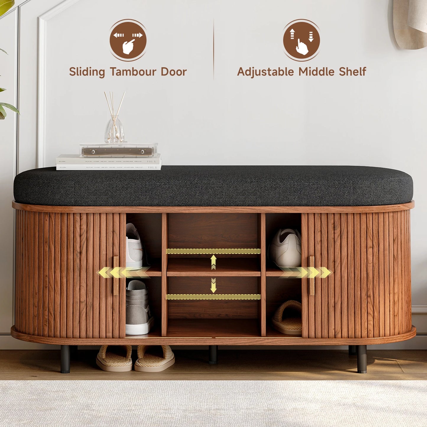 Shoe Storage Bench 3 Tier Organizer Cushion Sliding Door