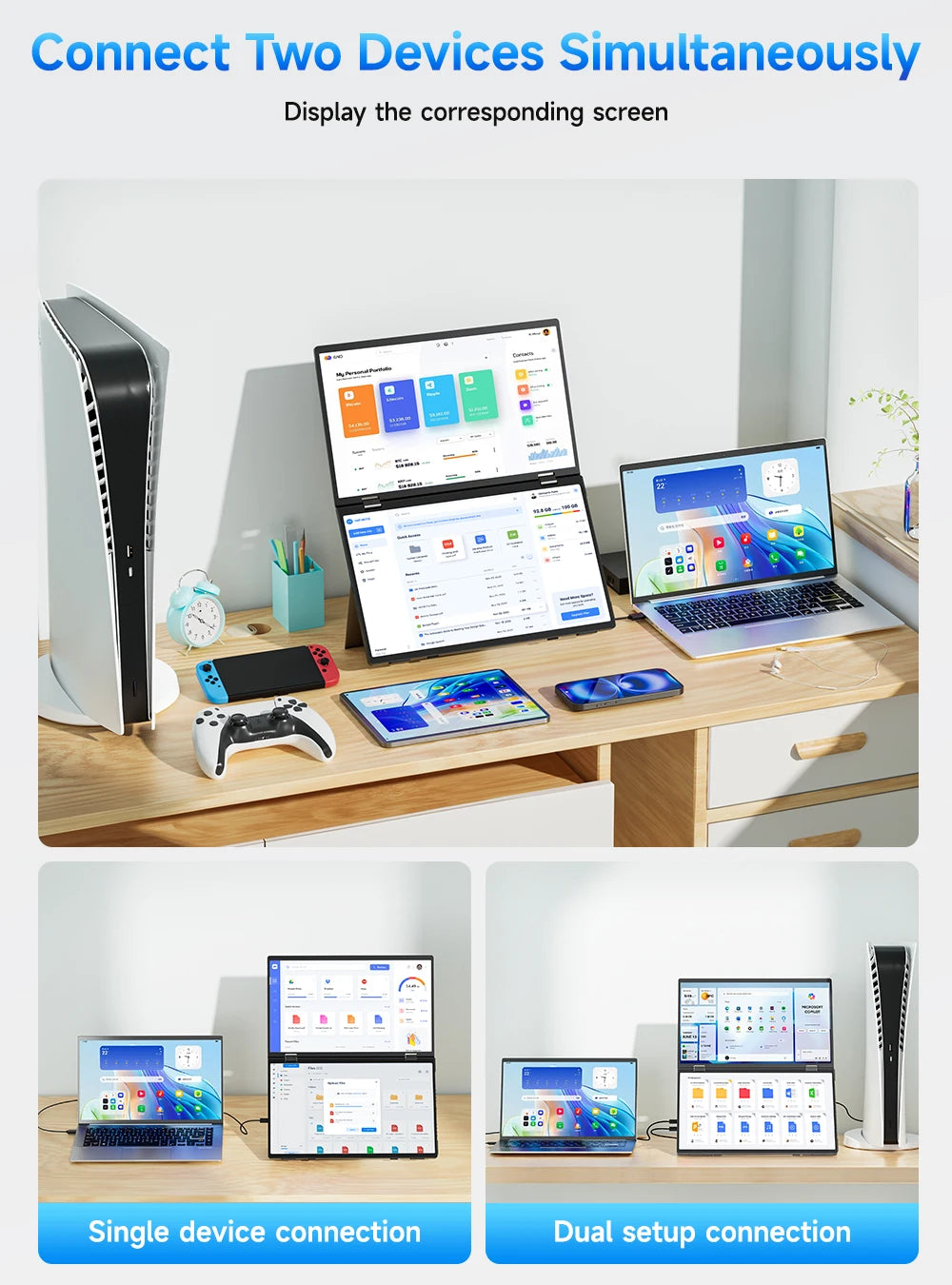 UPERFECT 15.6" Stacked Foldable Dual Monitor FHD 100% SRGB Laptop Screen Extender IPS HDR Travel Portable Monitor for Laptop PC Windows Mac OS Built-in Kickstand