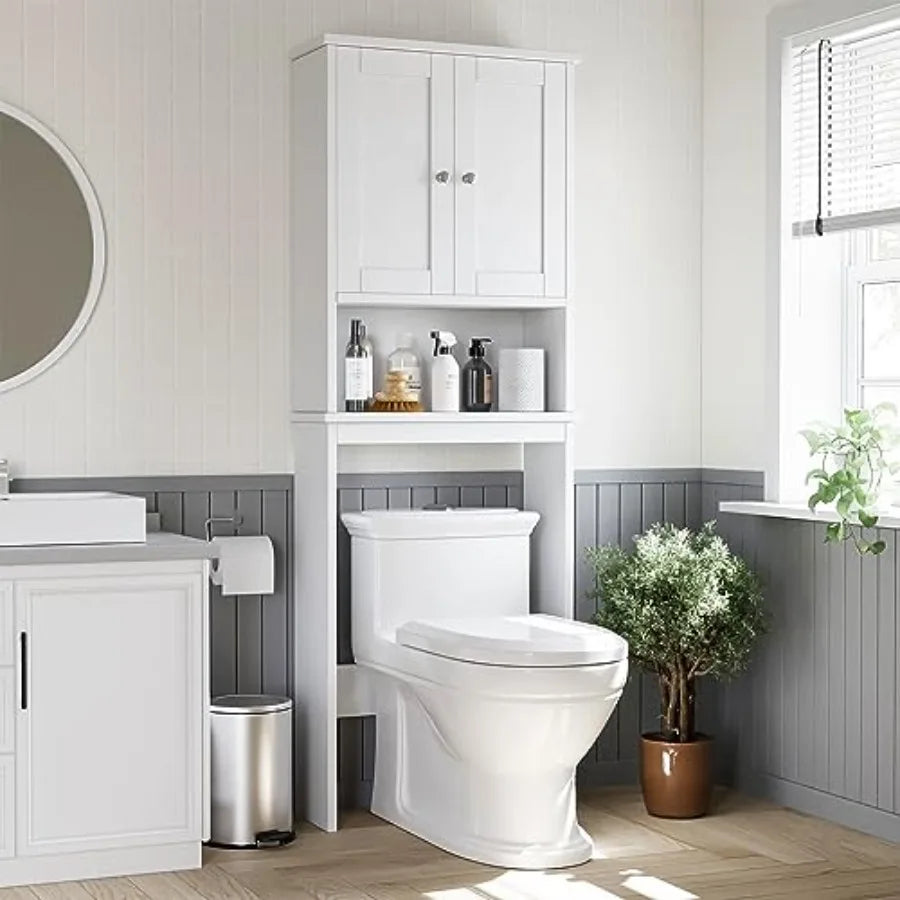Over the Toilet Storage Cabinet, Bathroom Shelf Organizer with Anti-Tip Device Small Freestanding Space Saver with Adjustable S
