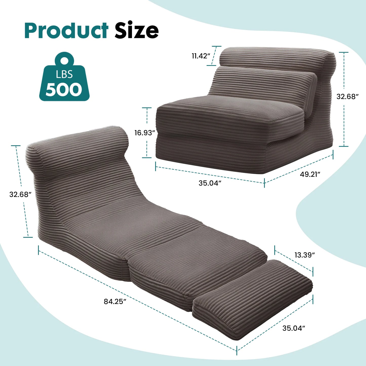 JHK Corduroy Ergonomic Folding Sofa Bed With Lumbar Support