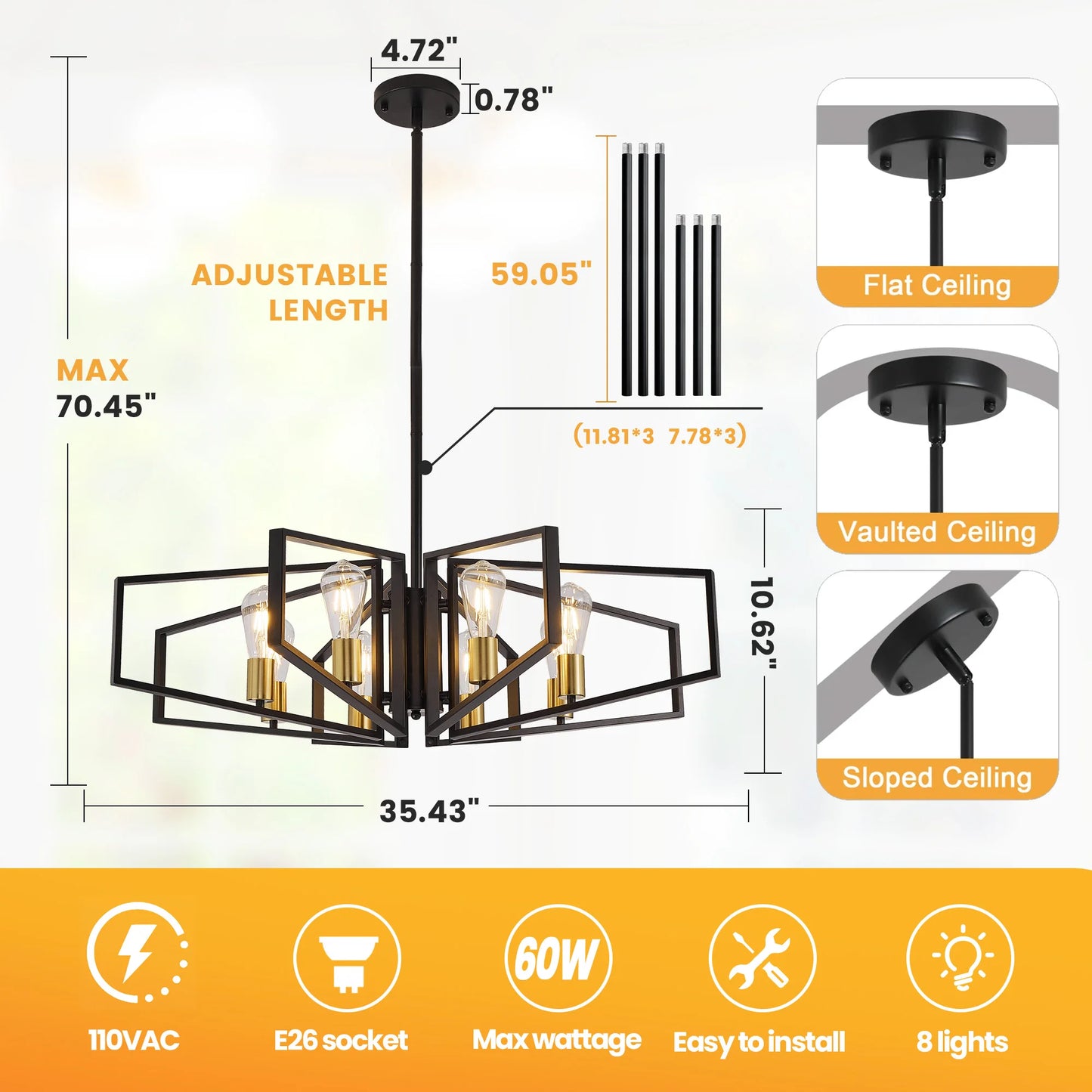 Modern 8 Light Geometric Chandelier With Adjustable Height