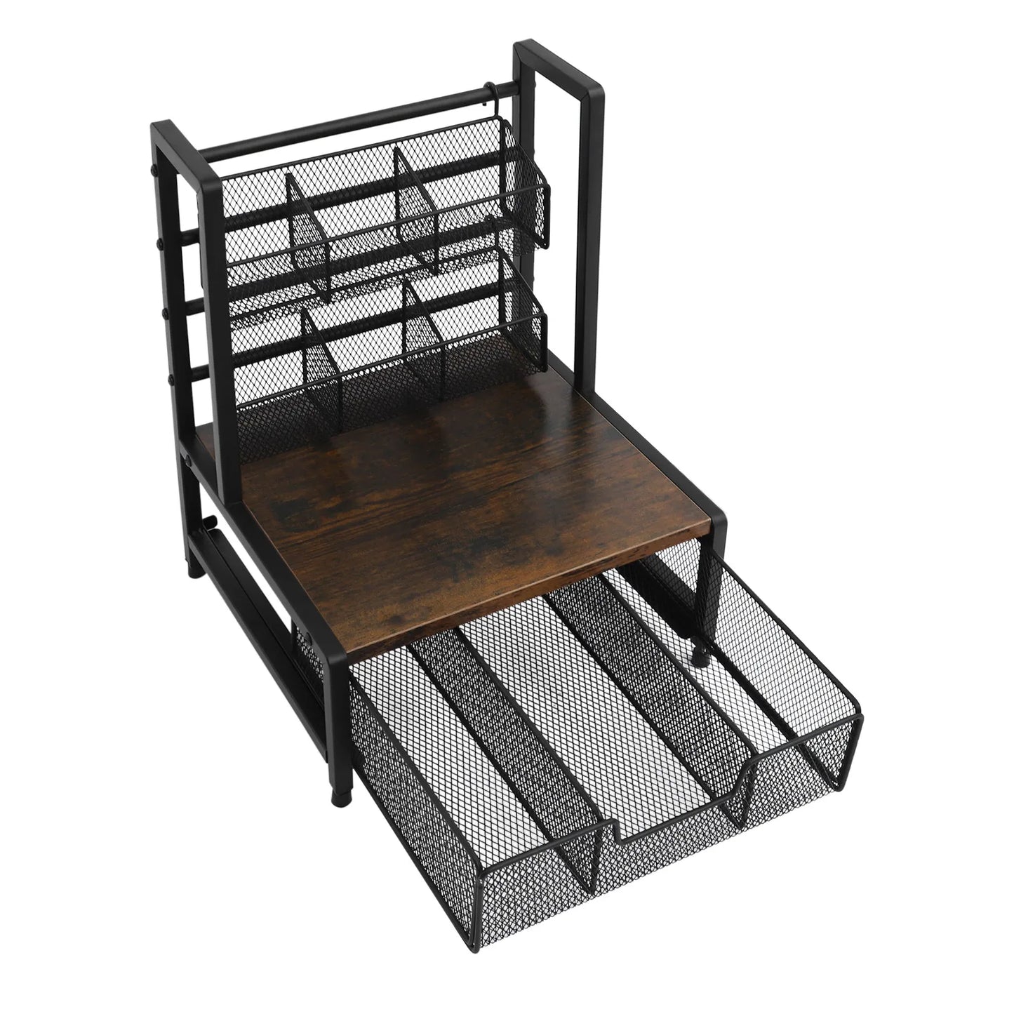Tea Bag Organizer 3-Tier Countertop Storage Holder with 2 Wire Baskets & Drawer Industrial Rustic Metal Wood Frame for Coffee Pods Sugar Packets Spices