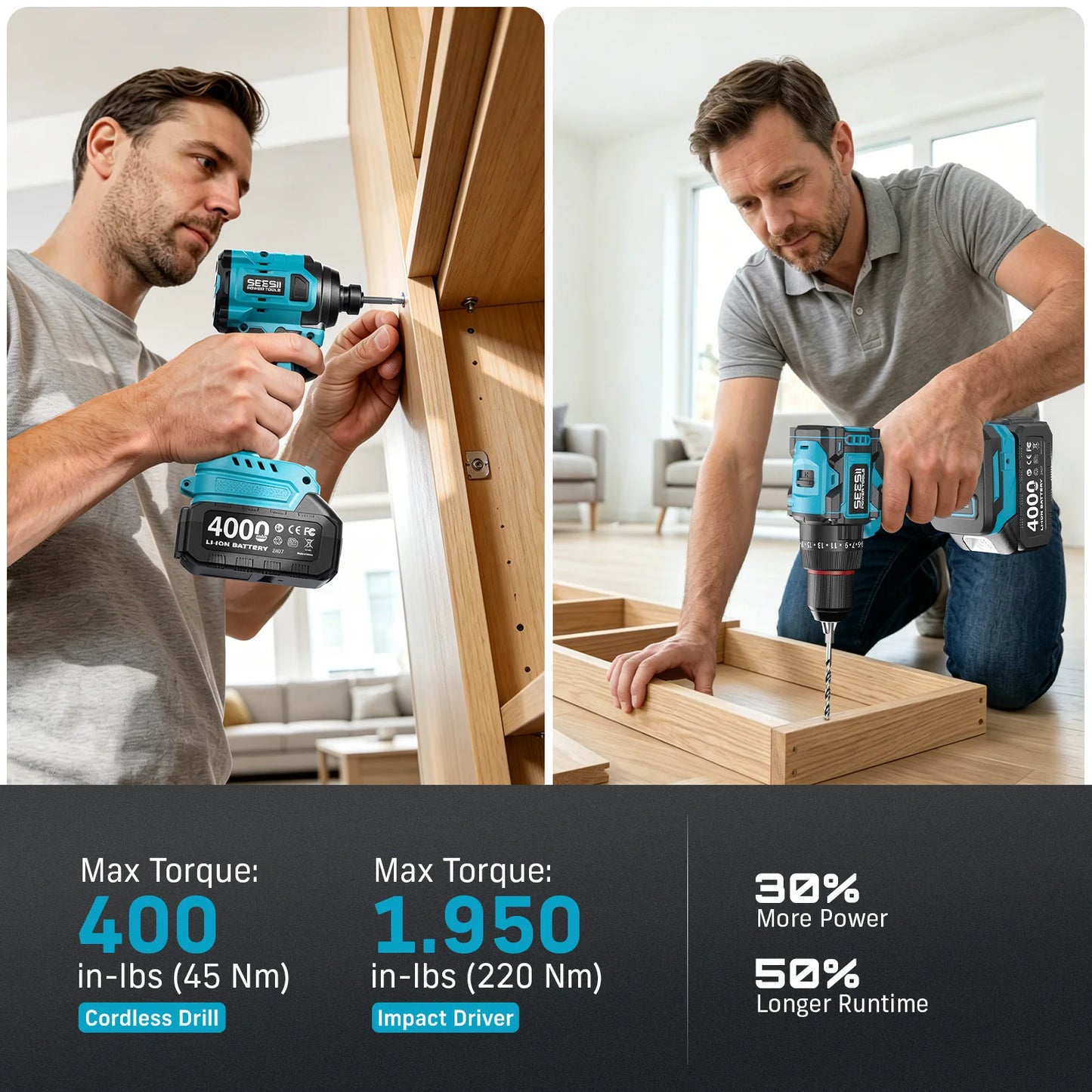 SEESII 3/8'' Drill & 1/4'' Impact Driver 21V Cordless Electric Brushless Drill Impact Wrench Variable Speed Screwdriver Battery Powered Tool Kit with 2x4.0Ah Batteries LED Light