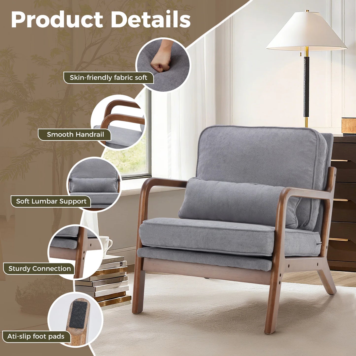 JHK Mid Century Modern Chair Solid Wooden Frame With Arms