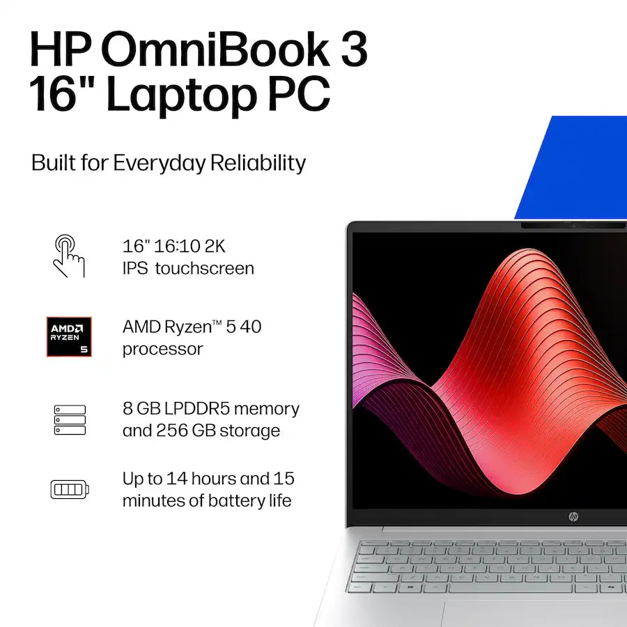 HP OmniBook 3 16" 2K Touchscreen Laptop, AMD Ryzen 5 40, Up to 8GB DDR5 Memory, 1TB SSD, Windows 11 Home, Glacier Silver