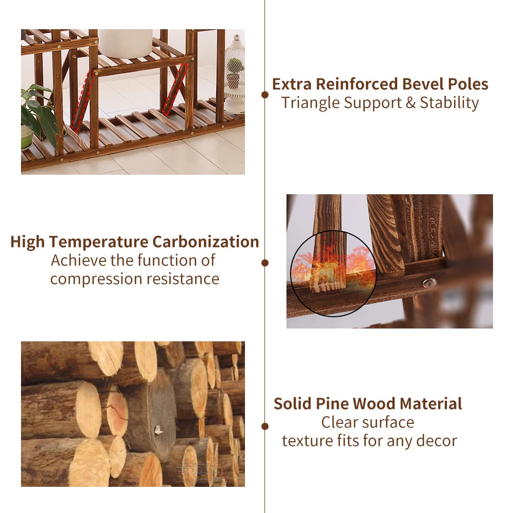 Wooden 11-Tier Plant Stand Carbonized For Indoor And Outdoor