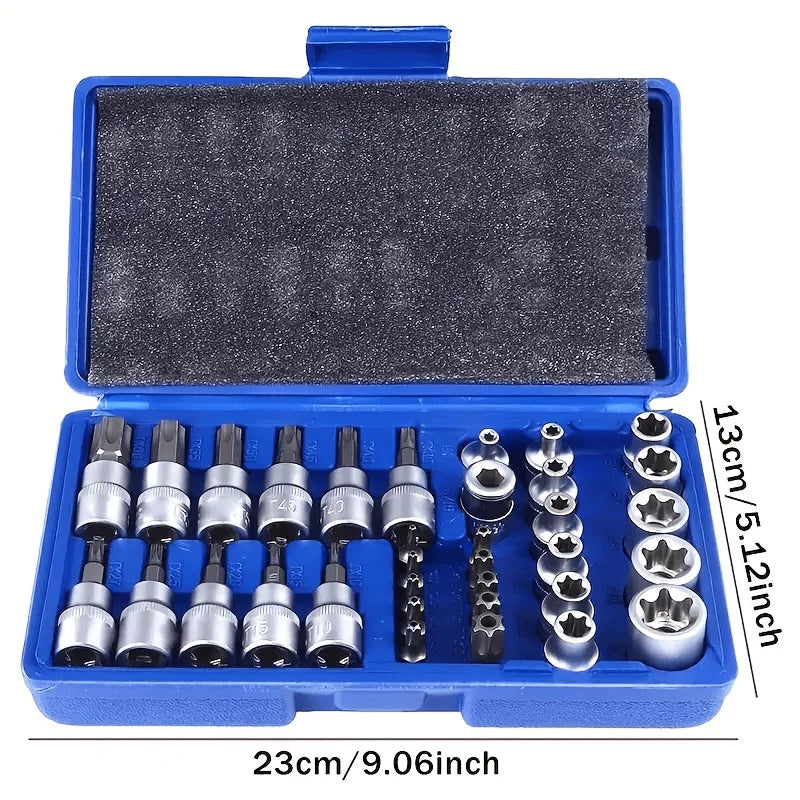 35-piece set of Torx and E-Torx screwdriver bits, compatible with 1/4-inch, 3/8-inch, and 1/2-inch drivers, including male and female E-Torx security screwdriver bits, designed for handheld use