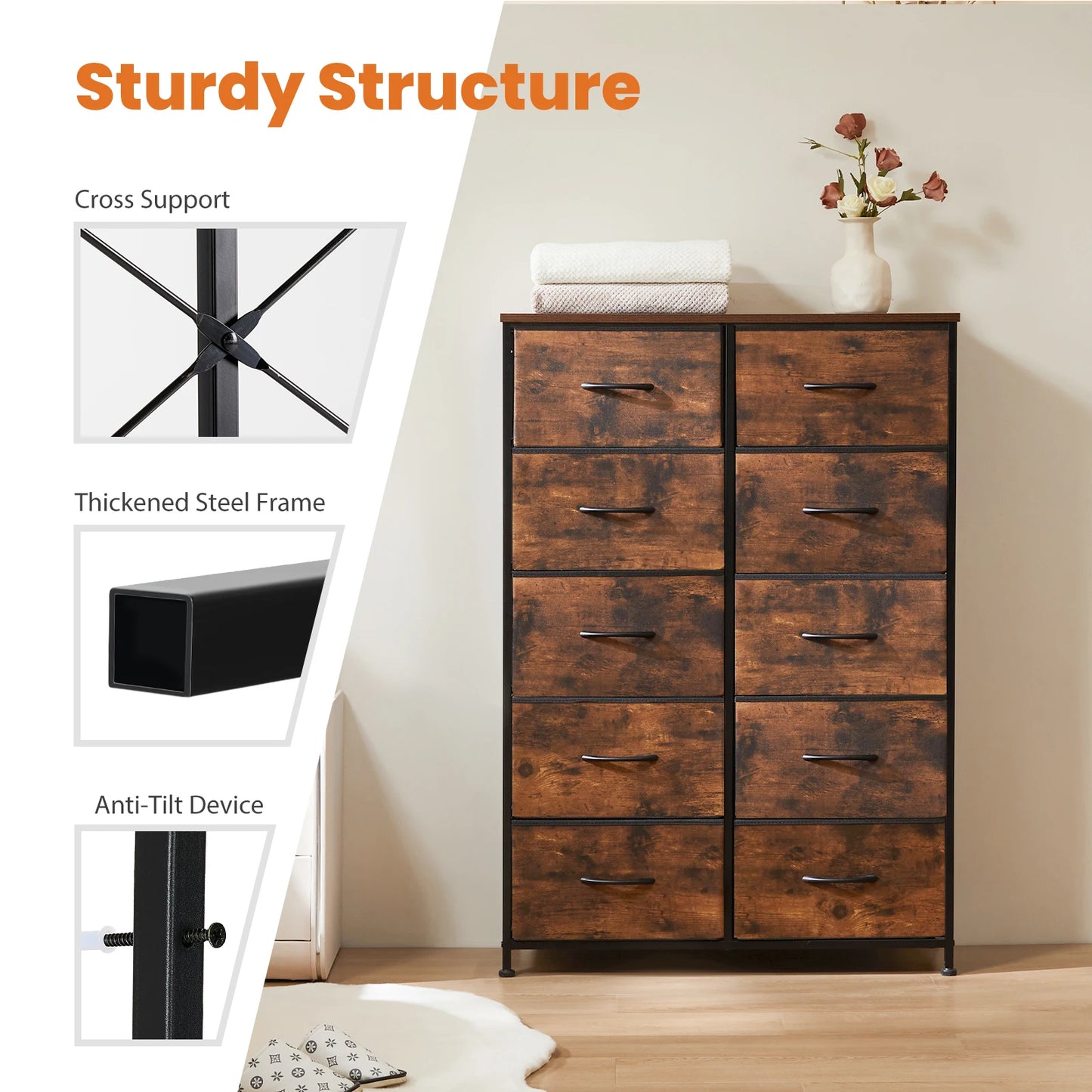 JHK Steel Frame Wardrobe With 10 Fabric Drawers