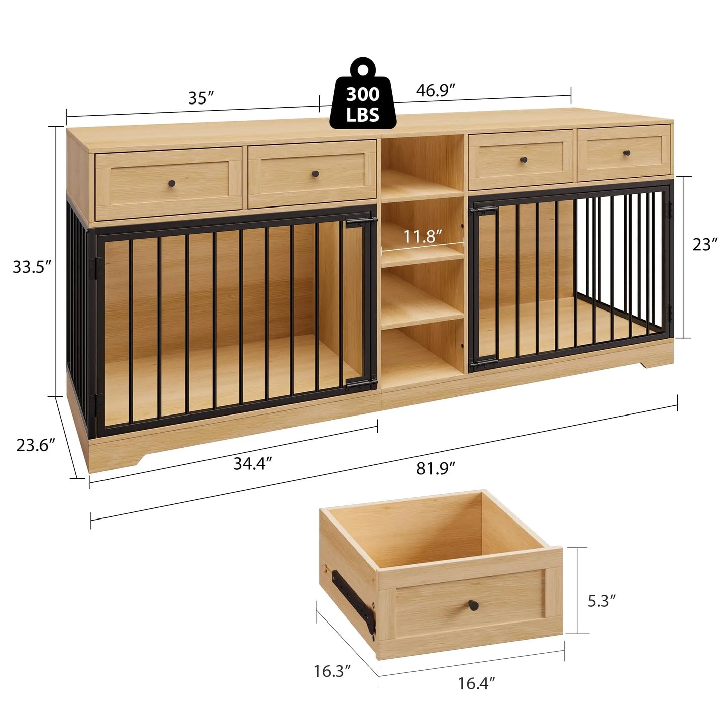 HiMISS Heavy Duty Wooden Dog Crate TV Stand With Drawers