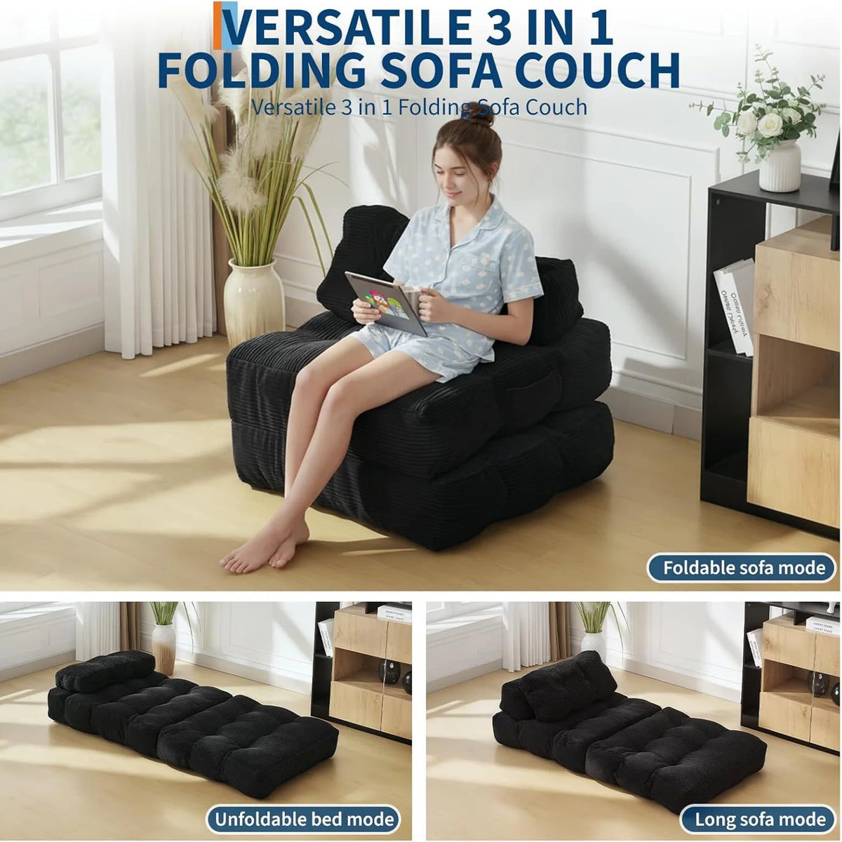 HiMiss Modern Foldable Sofa Bed With Soft Fabric Upholstery