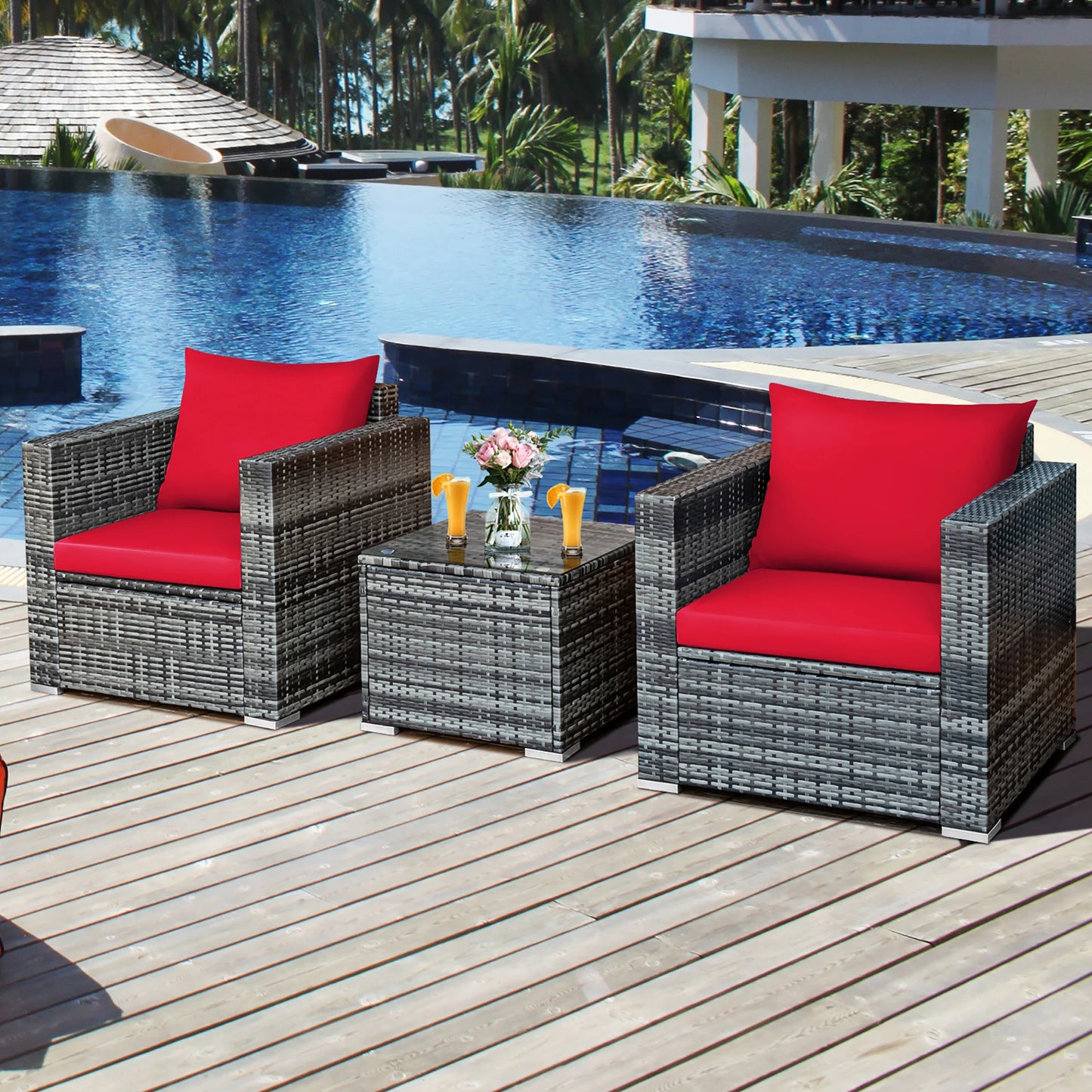 HOMASIS 3 Piece Patio Rattan Bistro Set Cushioned Sofa Chair Table