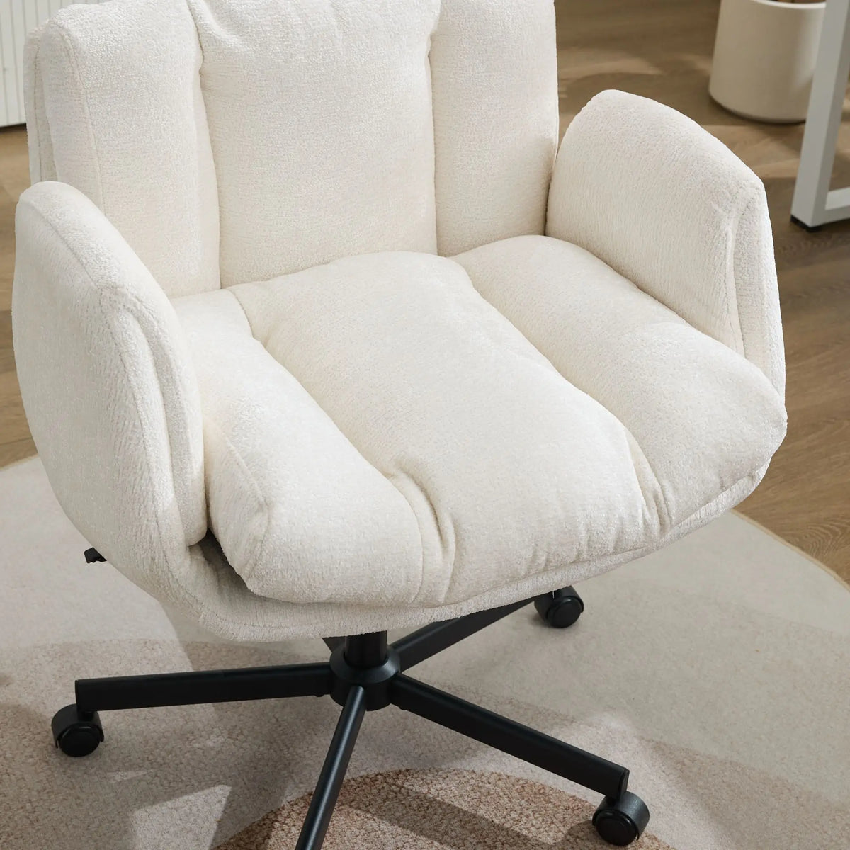 Modern Chenille Swivel Office Chair, Height Adjustable Desk Chair with Convertible Armrests, Double Cushioned Task Chair for Home Office Study Vanity, Cream Beige