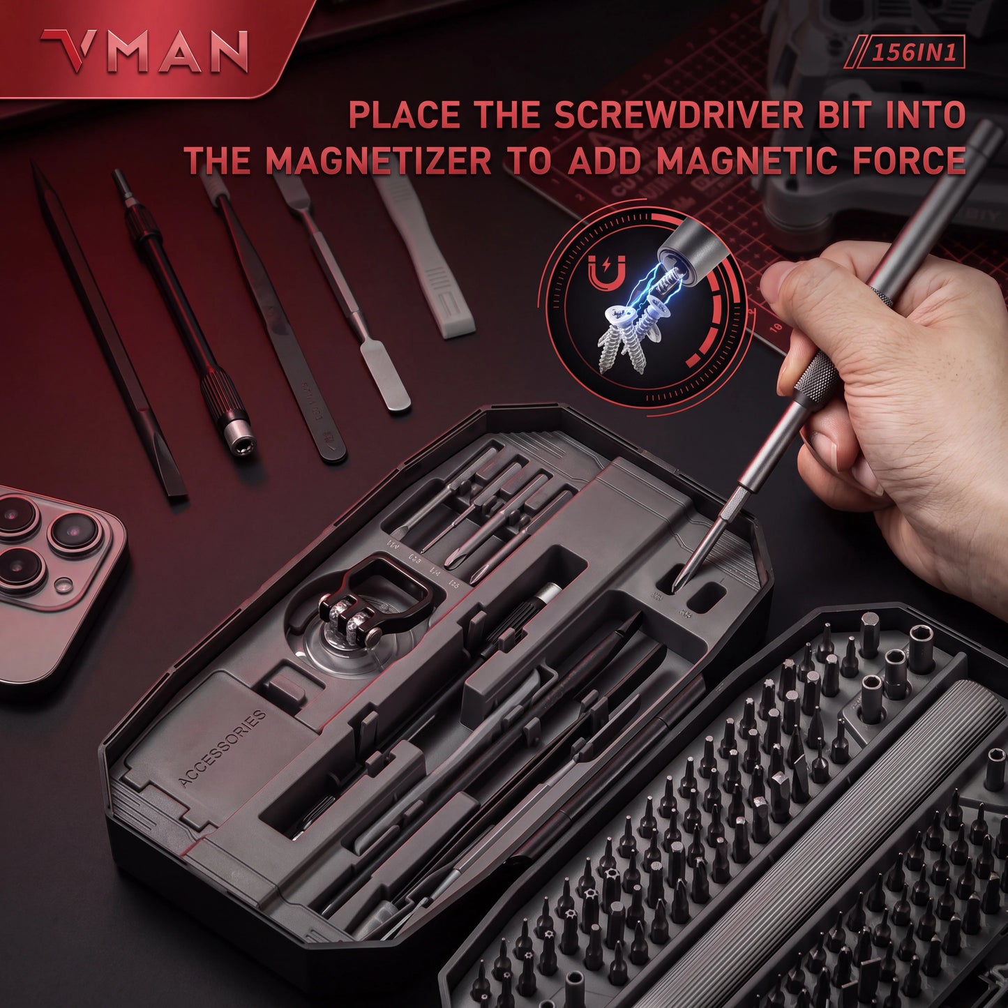 VMAN 156-in-1 Mini Electric Screwdriver Set Precision Repair Tools with Magnetic Phillips Screw Driver Bits for iPhone PC Watch Camera