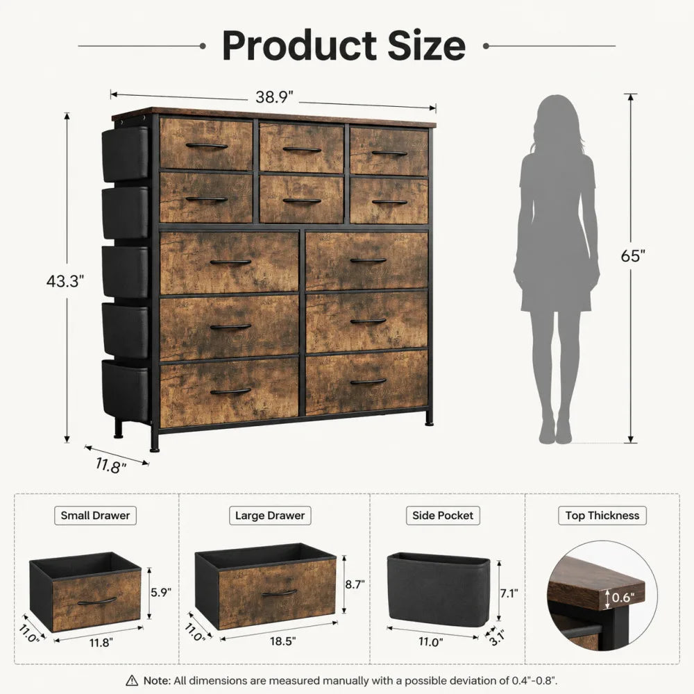12 Drawer Dresser for Bedroom Fabric Storage Chest with Wood Top Steel Frame Side Pockets Hooks Organizer Cabinet for Living Room Entryway Bathroom Rustic Brown