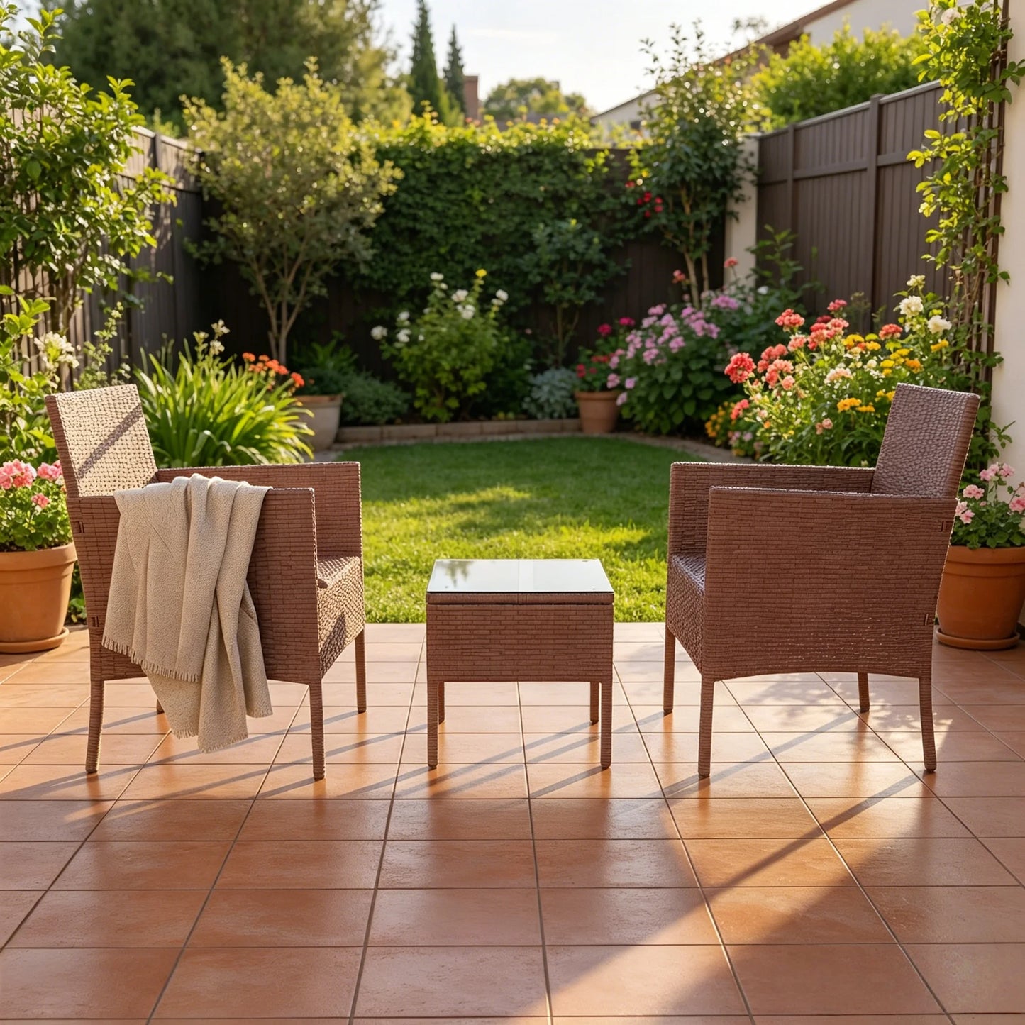 3 Piece Outdoor Rattan Patio Furniture Set With Side Table