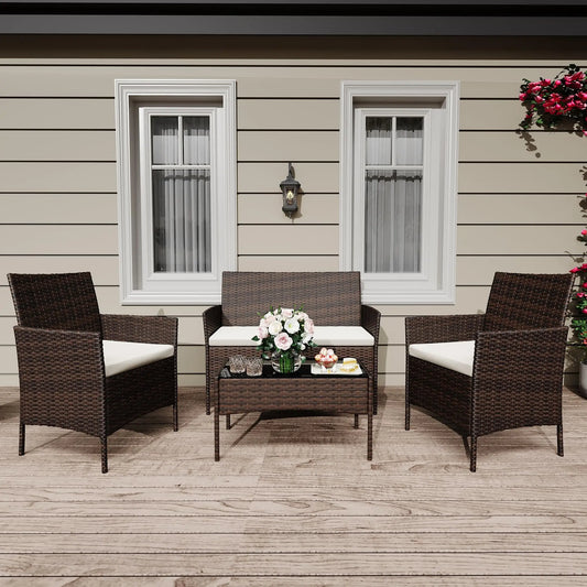 4 Piece Patio Furniture Set, Outdoor Rattan Bistro Set With Cushioned Sofa, 2 Chairs, Glass Table For Porch Backyard