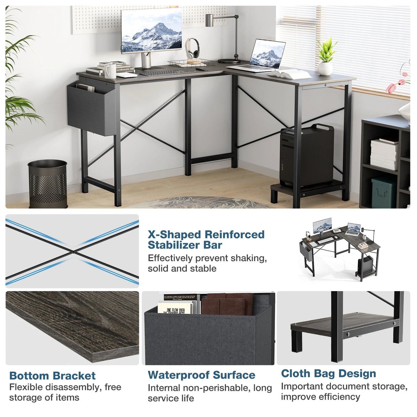 JHK L Shape Computer Desk With CPU Shelf And Storage Bag