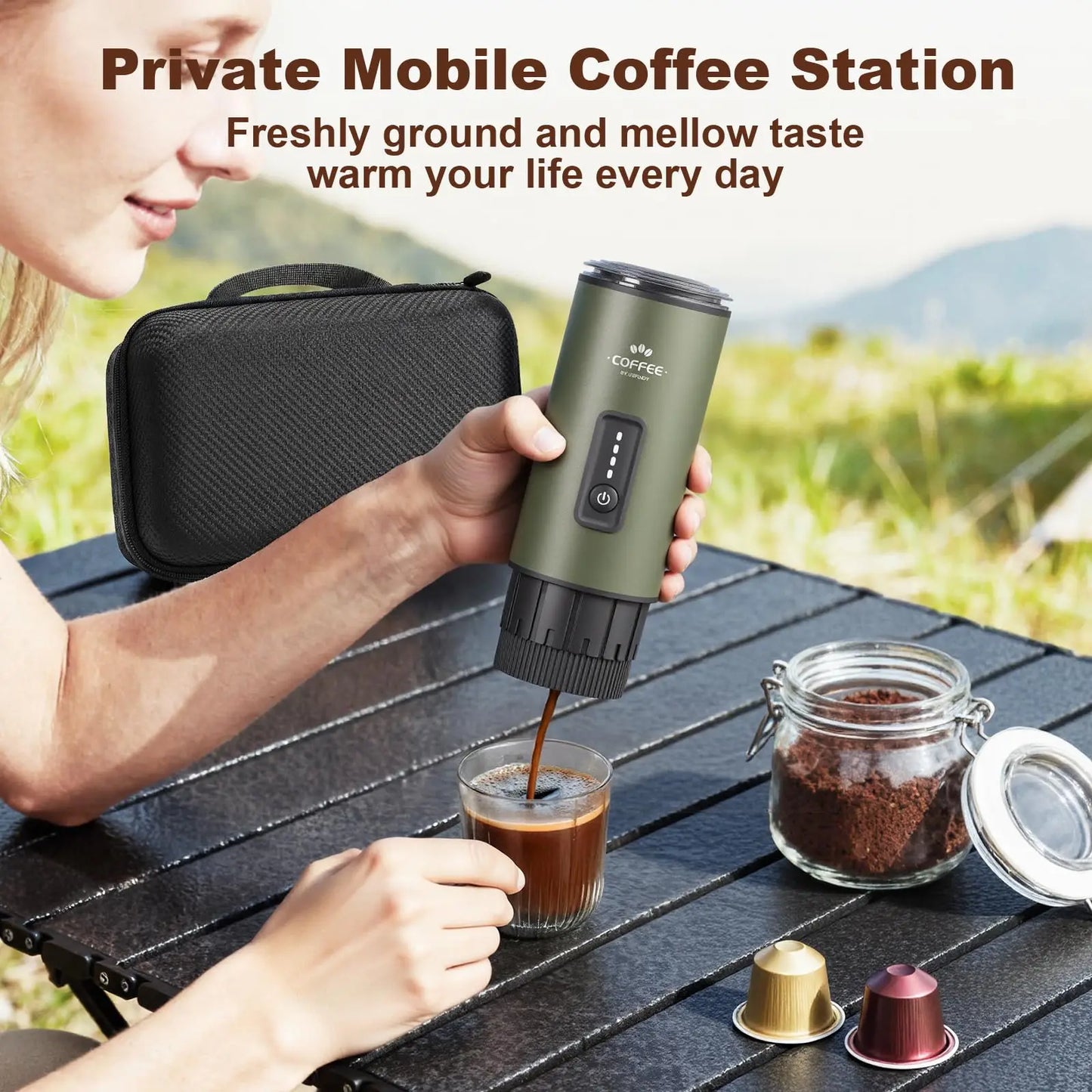 Portable Espresso Maker 3 in 1 Coffee Machine with Carrying Bag Works with Ground Coffee and Capsule Pod Self Heating for Travel