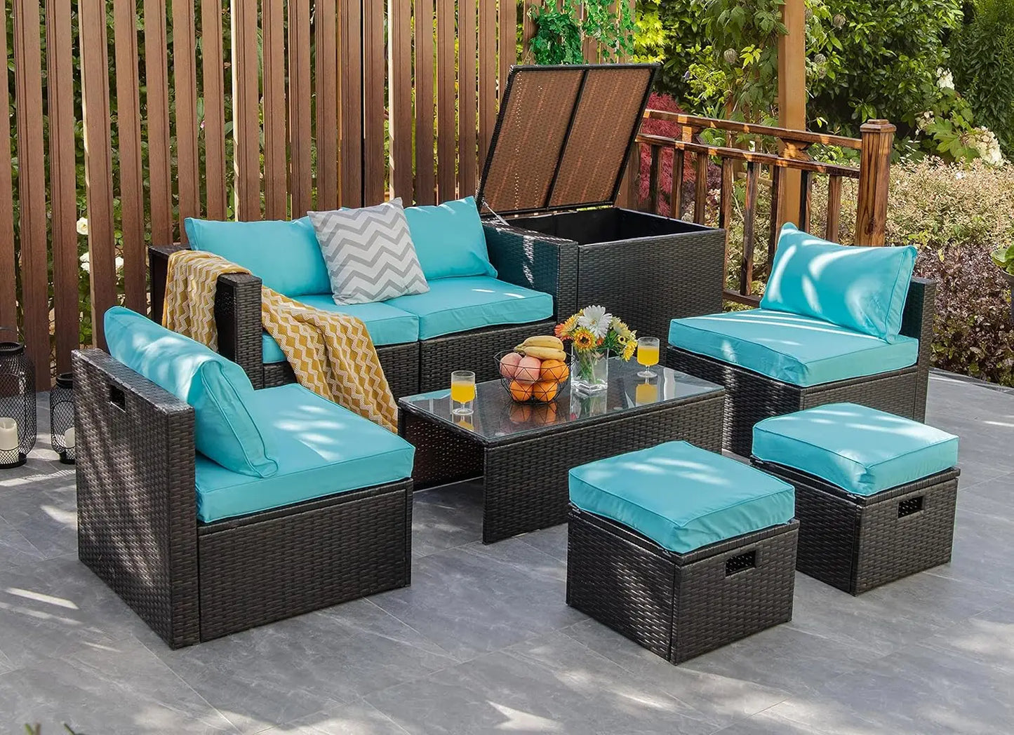 Rattan Outdoor Furniture Set With Glass Table And Storage Ottoman