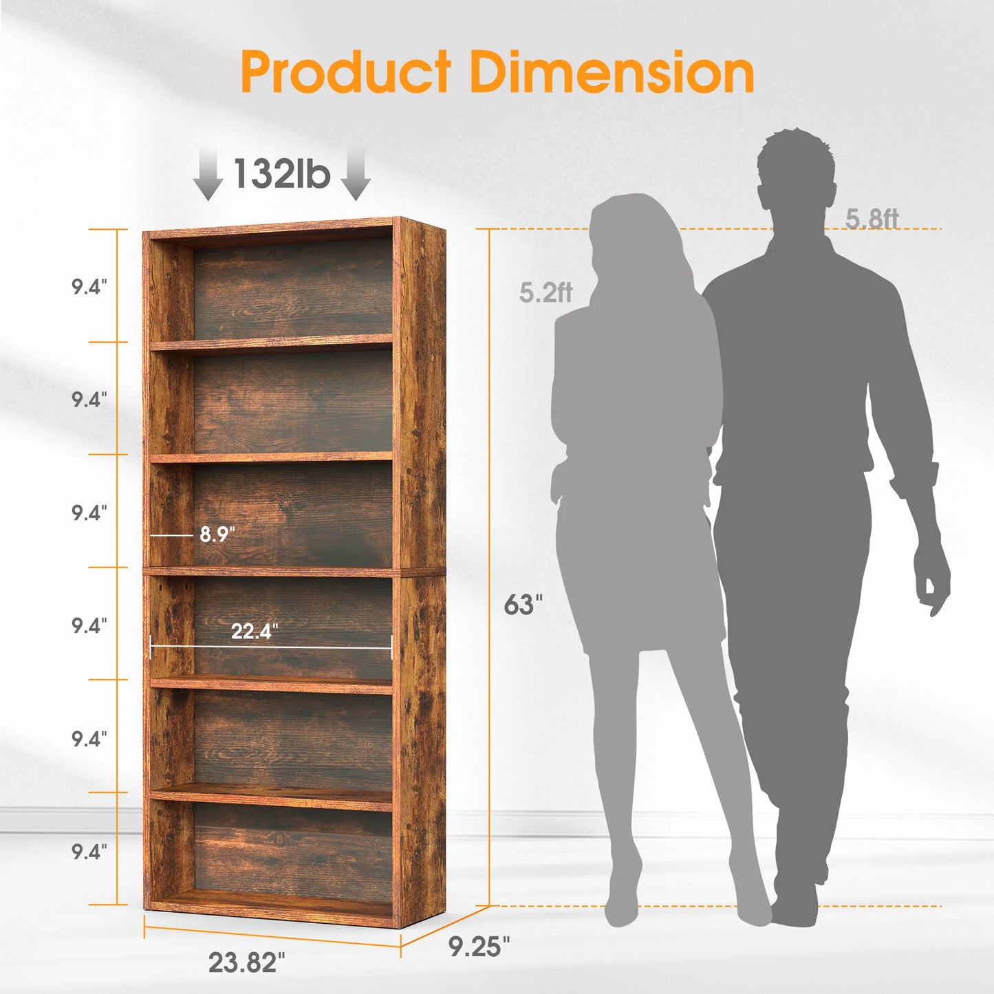 MCQ 6 Shelf Bookcase Wooden Large 63 Inch Tall Bookcase Standing Open Book Shelf Organizer Adjustable Display Storage Shelves