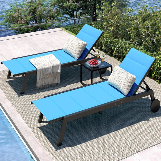 HiMISS 3 Piece Patio Chaise Set With Side Table And Wheels Outdoor