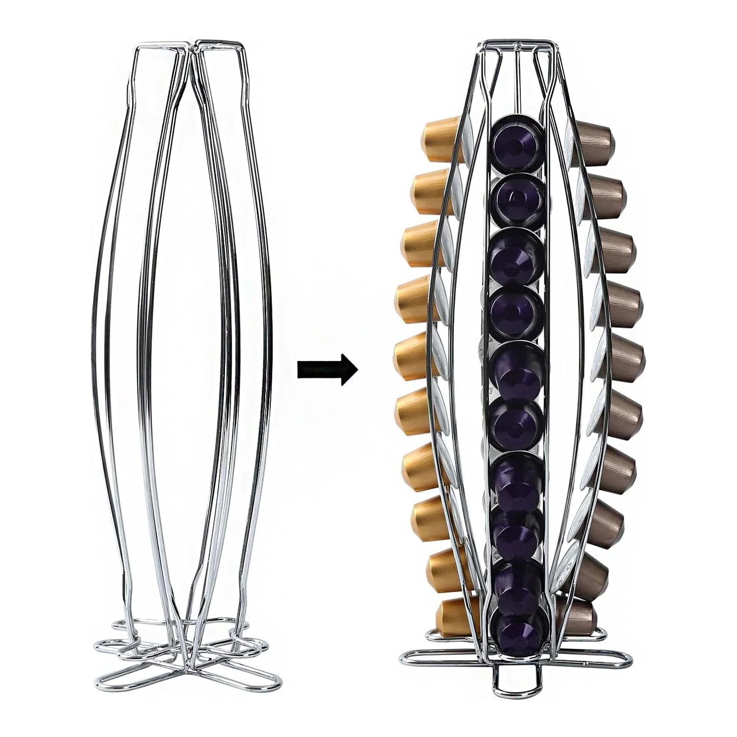 Lorena Rotating Coffee Pod Holder 40 Capsules Capacity Metal Coffee Capsule Storage Rack Stand Organizer Chrome Plated Coffee Pod Dispenser For Nespresso Capsules Kitchen Counter Coffee Station Accessories