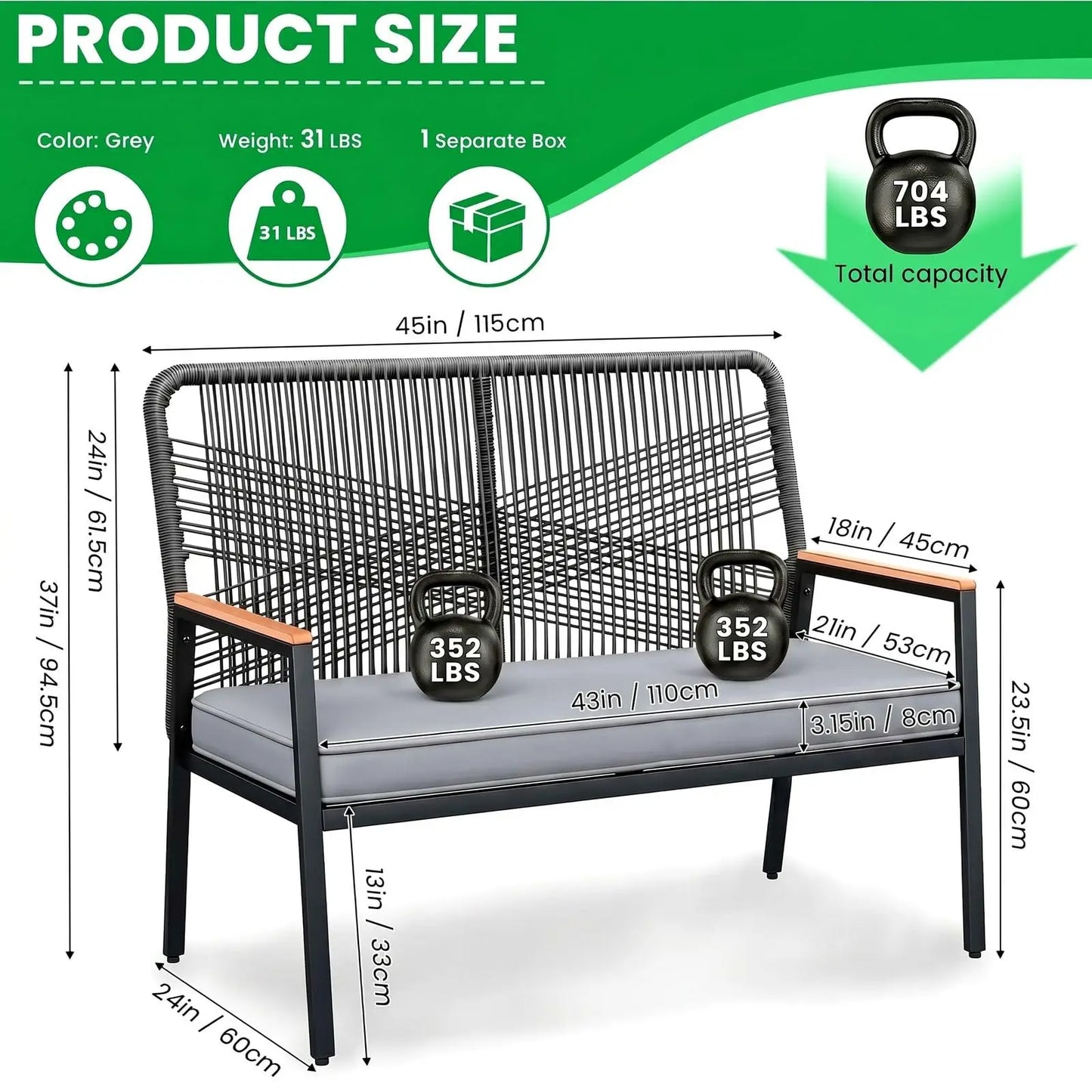 Modern Rattan Patio Loveseat With Wpc Armrest
