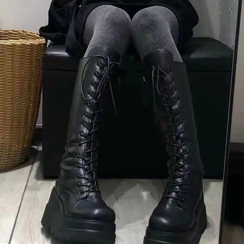DoraTasia Gothic Lace Up Mid Calf Boots With Zipper