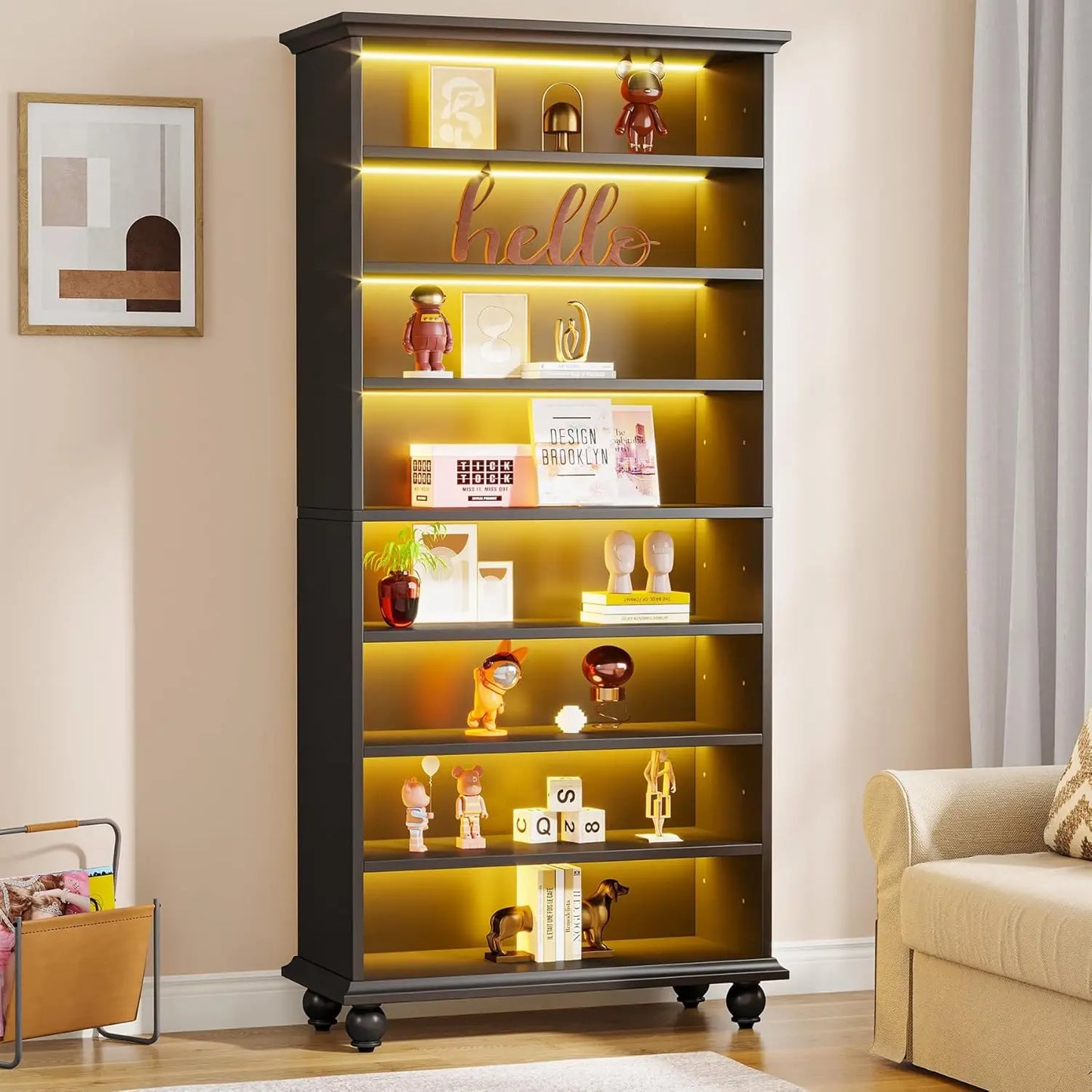 LITTLE TREE LED Bookcase With Solid Wood Legs Freestanding Display Shelf