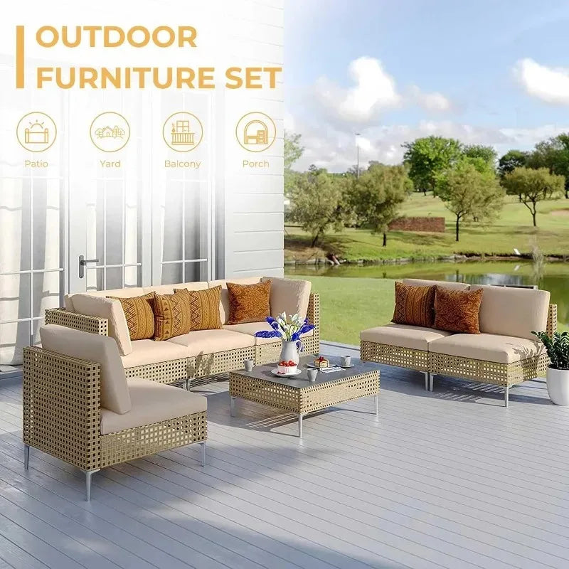 Boho Outdoor Conversation Set All Weather Wicker Sectional Sofa Cushions