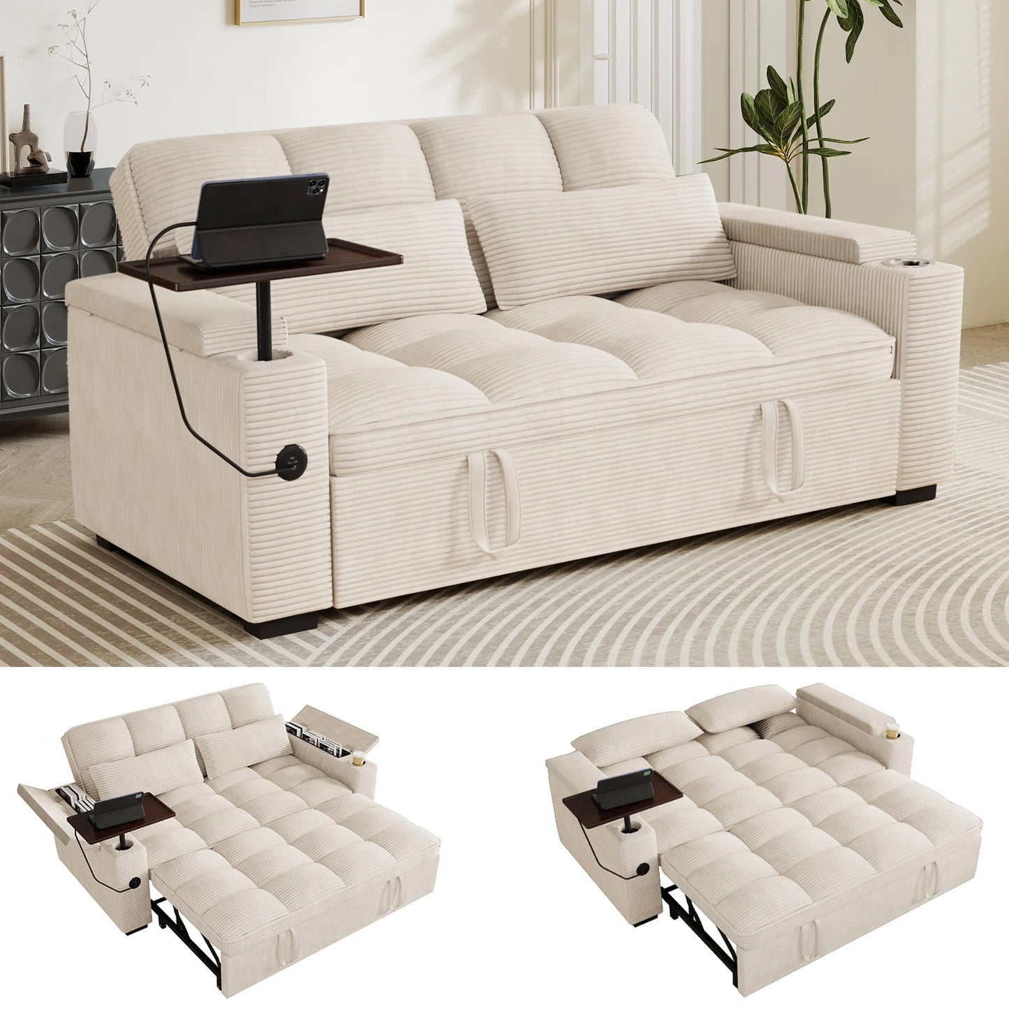 65 Inch Foldable Sofa Bed With Swivel Table And USB Charging