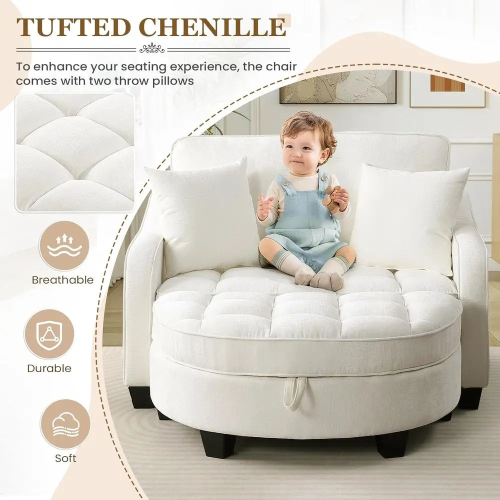Chenille Tufted Reading Chair With Storage Ottoman Upholstered Lounge