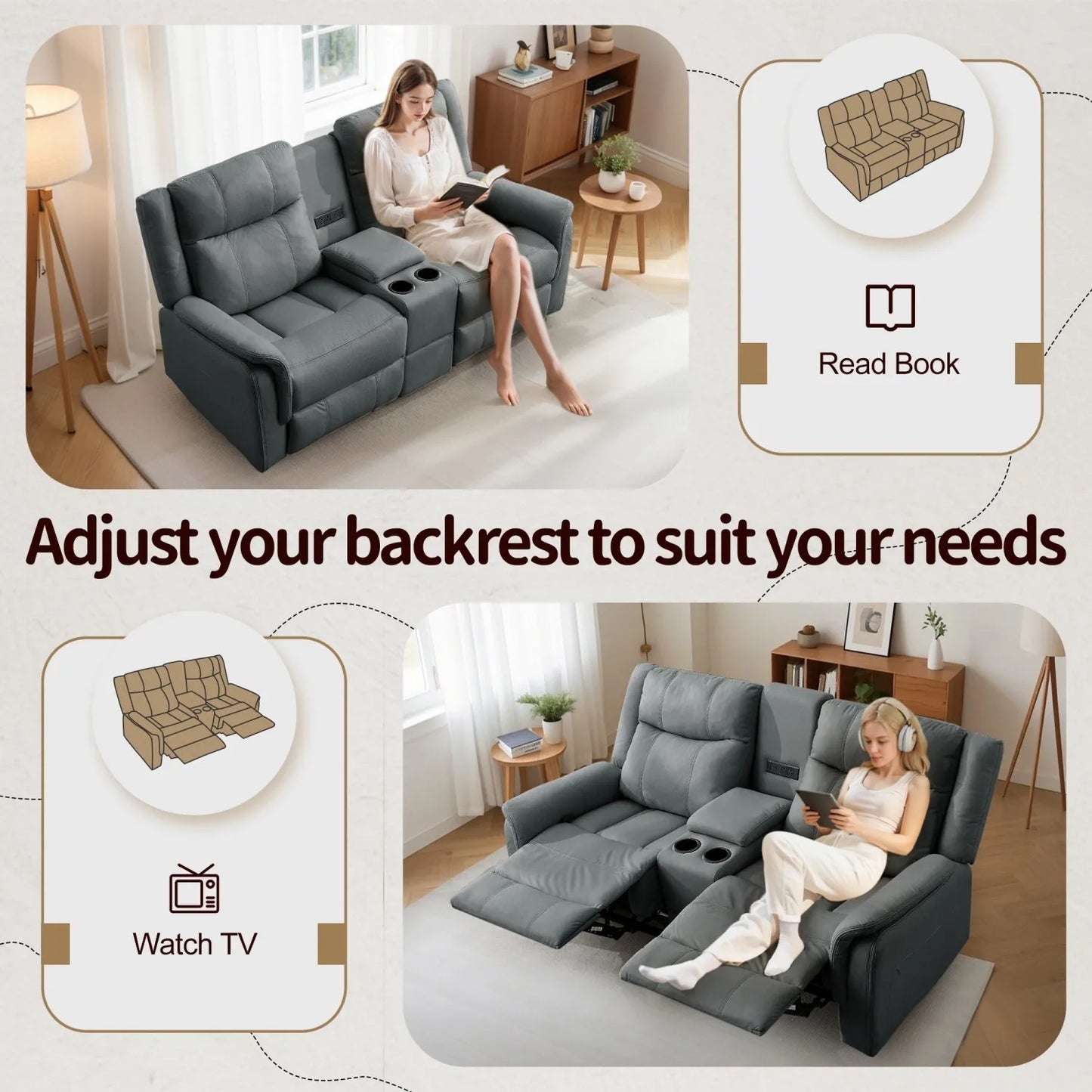 KORSER Two-Seater Loveseat Recliner With USB Ports And Cup Holders