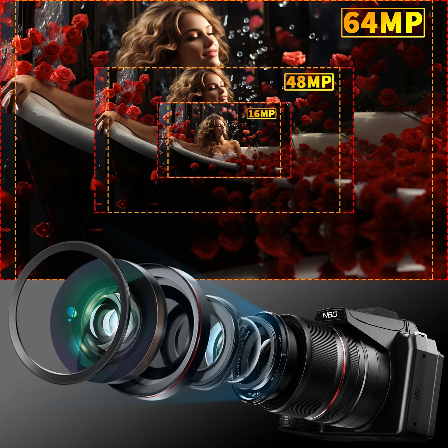 NBD 64MP 5K Digital Camera With 16x Optical Zoom WiFi And App Control