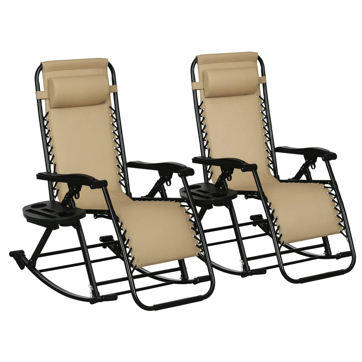 2 Pcs Folding Zero Gravity Reclining Rocking Chair, Pillow, Cup Holder, Beige
