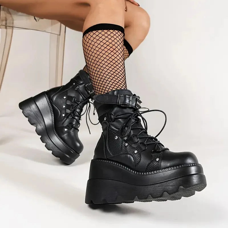 GIGIFOX Women's Goth Wedge Combat Ankle Boots Buckle Lace Up
