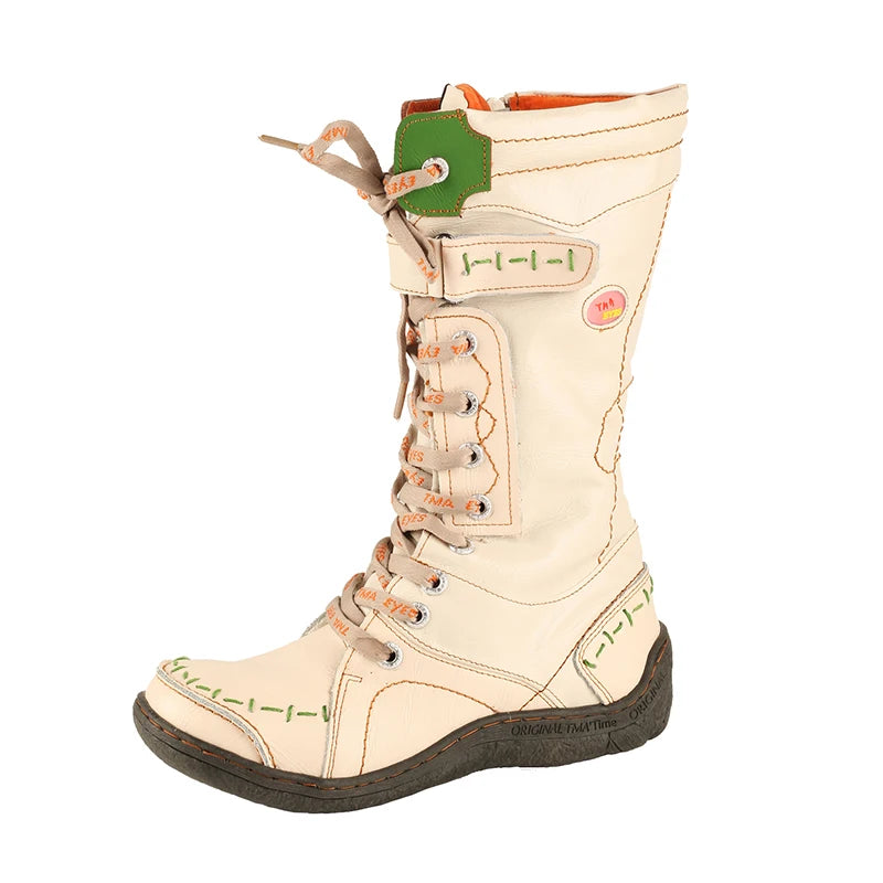 TMA EYES New Women'S Mid-Calf Boots Retro Handmade Lace-Up Winter Snow Boots Casual Warm Comfortable Footwear