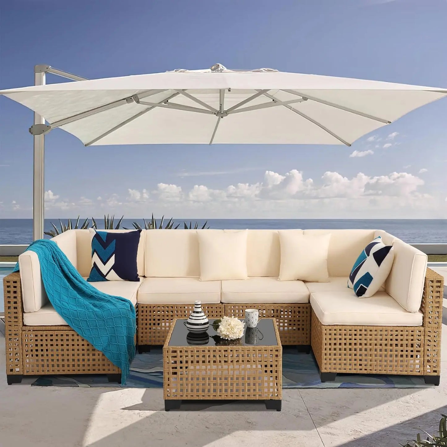 Seven Piece All Weather PE Rattan Modular Sectional Patio Set