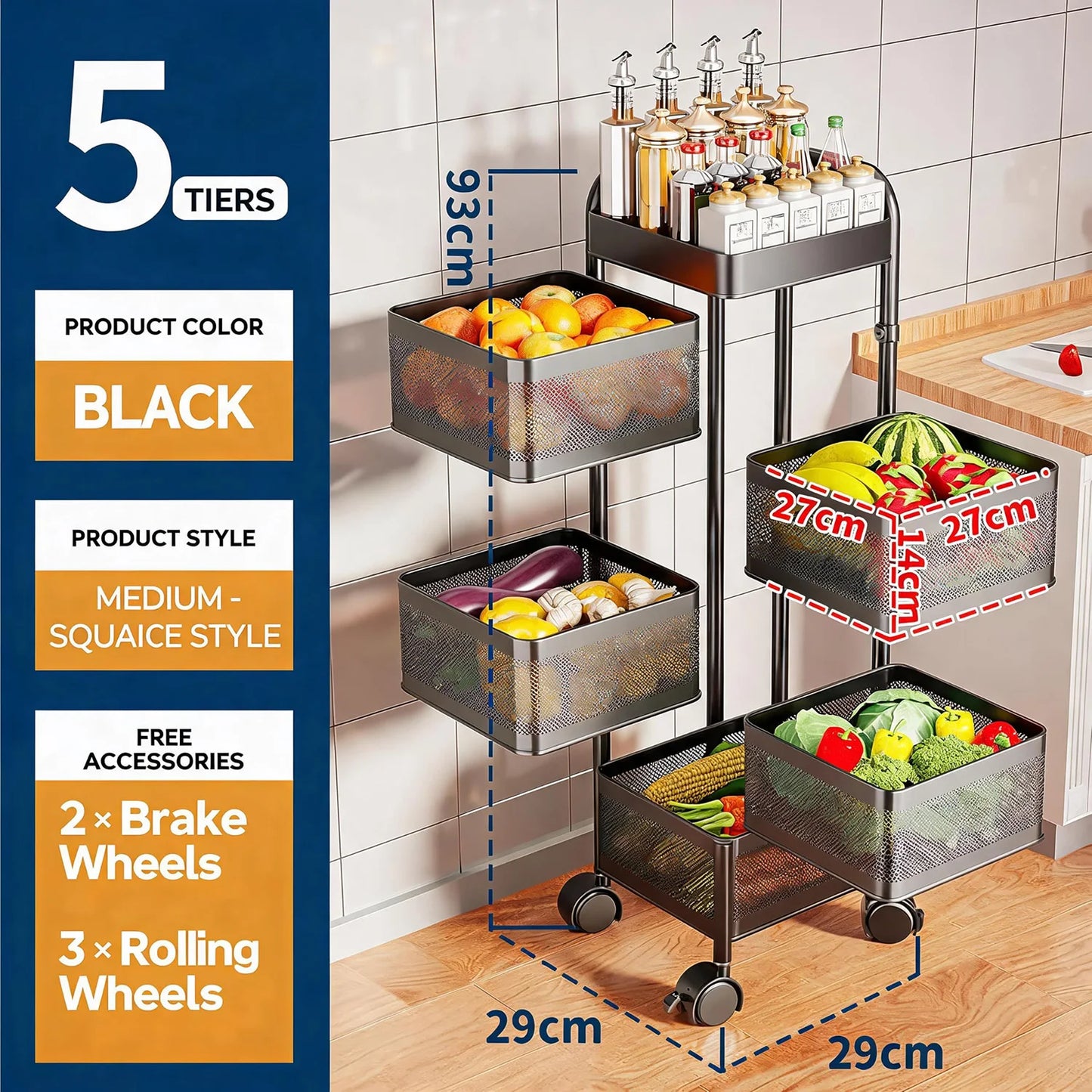 4/5-Tier Thickened Carbon Steel Rotating Storage Cart With Wheels, Mobile Produce Basket Utility Rack Organizer, No Assembly