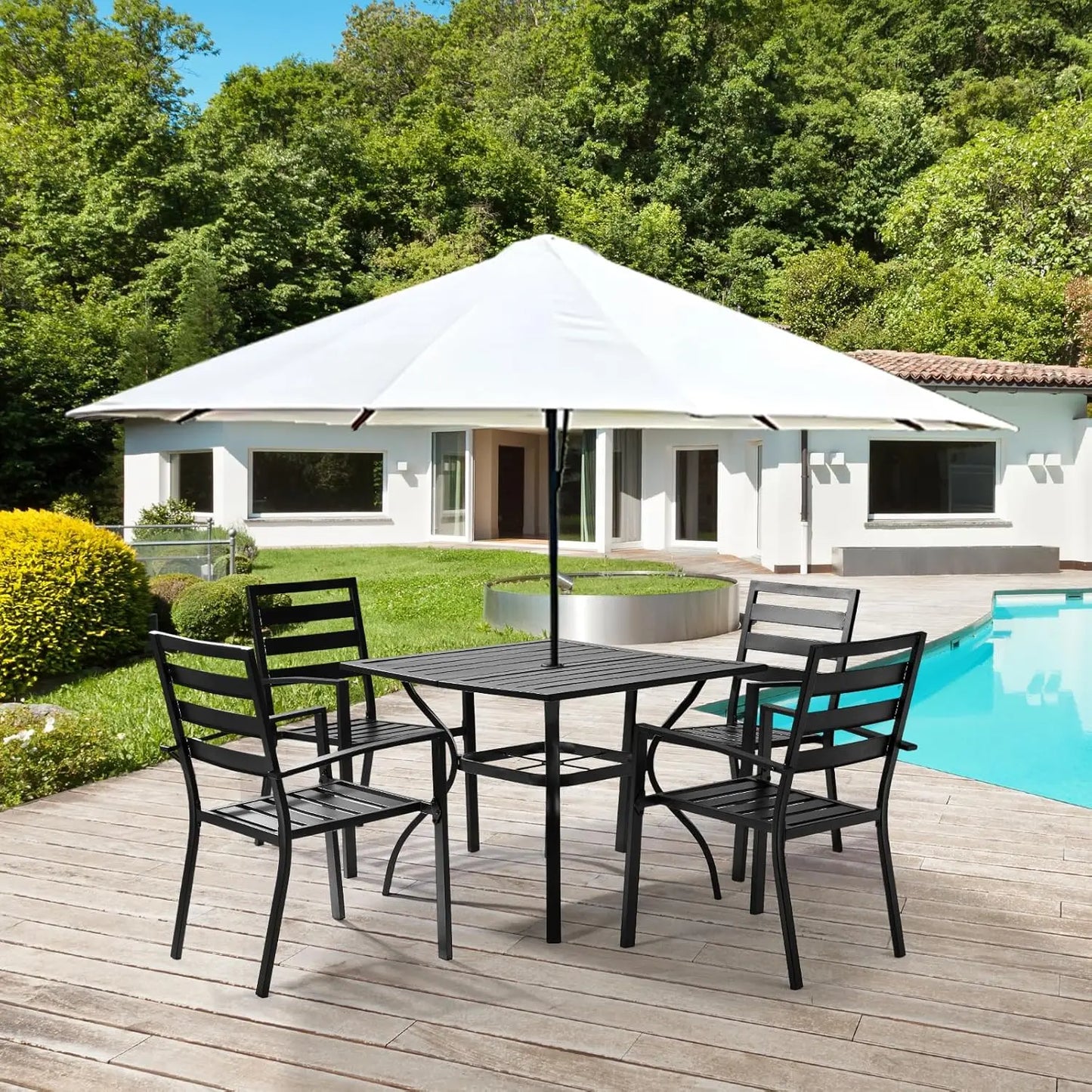 Metal Outdoor Dining Set With Square Table And Umbrella Hole And Chairs