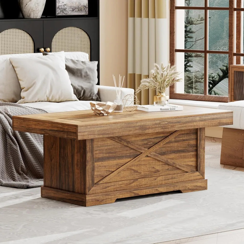 Rustic Coffee Table With X Design Pedestal For Living Room
