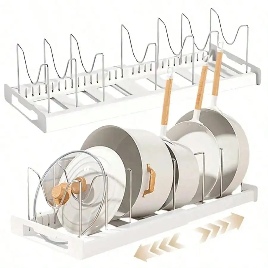 Pull-Out Pot And Pan Organizer, Kitchen Cabinet Drawer With 10 Adjustable Dividers, Easy Assembly, Pasting Fixed, No Drilling, Large Capacity, Heavy Duty, Expandable Length Between 16.93-23.23 Inches, Perfect Mother's Day Gif