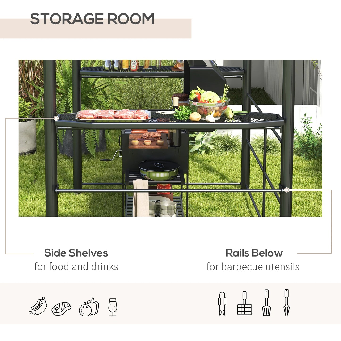 8' X 5' Outdoor Grill Gazebo Bbq Canopy with Vented Pc Roof, Side Shelves