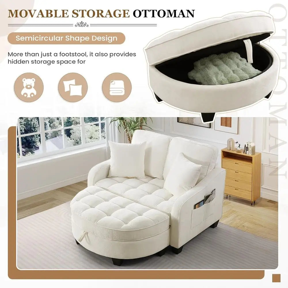 Chenille Tufted Reading Chair With Storage Ottoman Upholstered Lounge