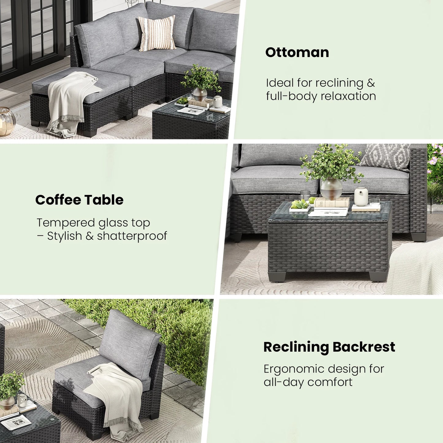 Patio Sectional Sofa Set With Ottoman Water Resistant Fabric