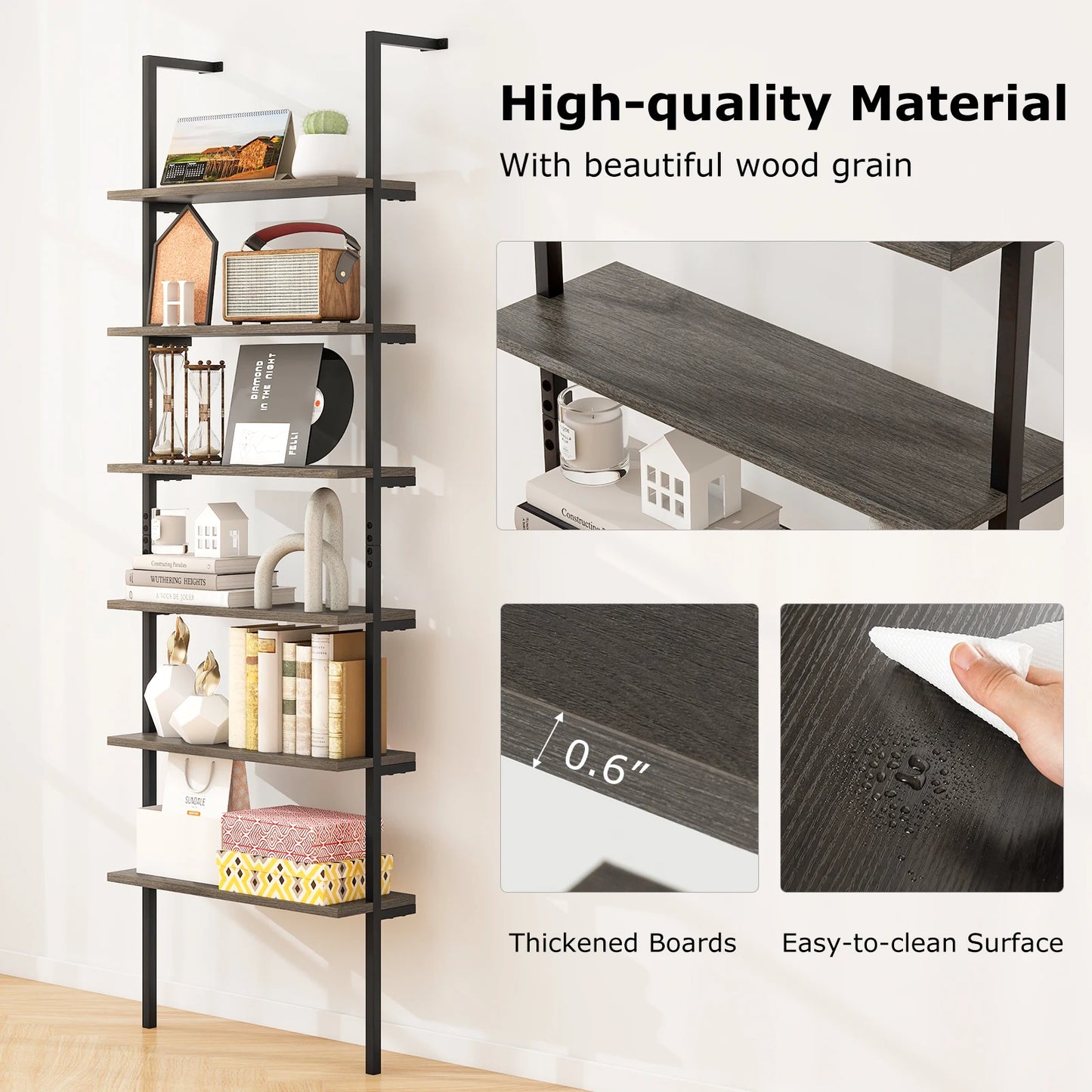6-tier Ladder Shelf 72 Inches Industrial Wall Mounted Bookshelf Oak