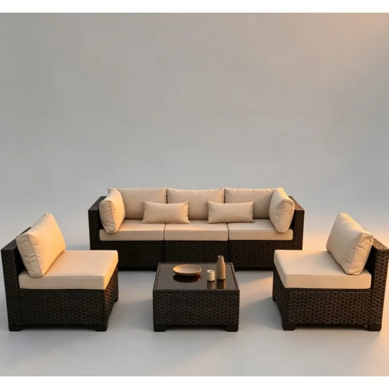 All Weather Wicker Outdoor Patio Sectional Set With Glass Table Cushions