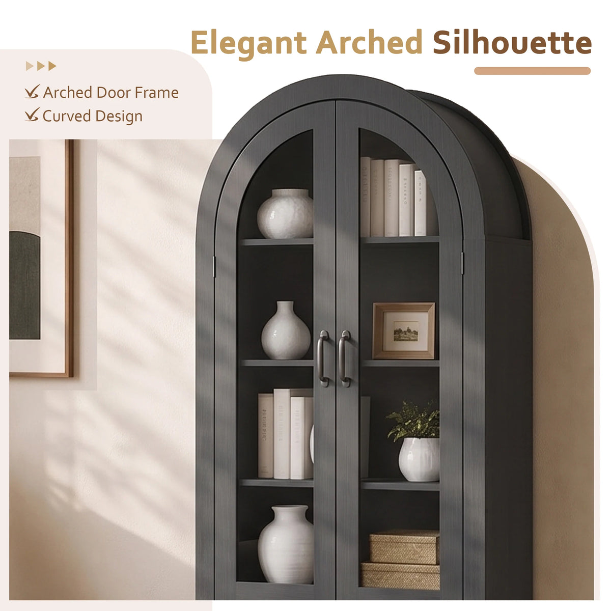 TCGBKAF Arched Kitchen Pantry Cabinet With Glass Door And Shelves
